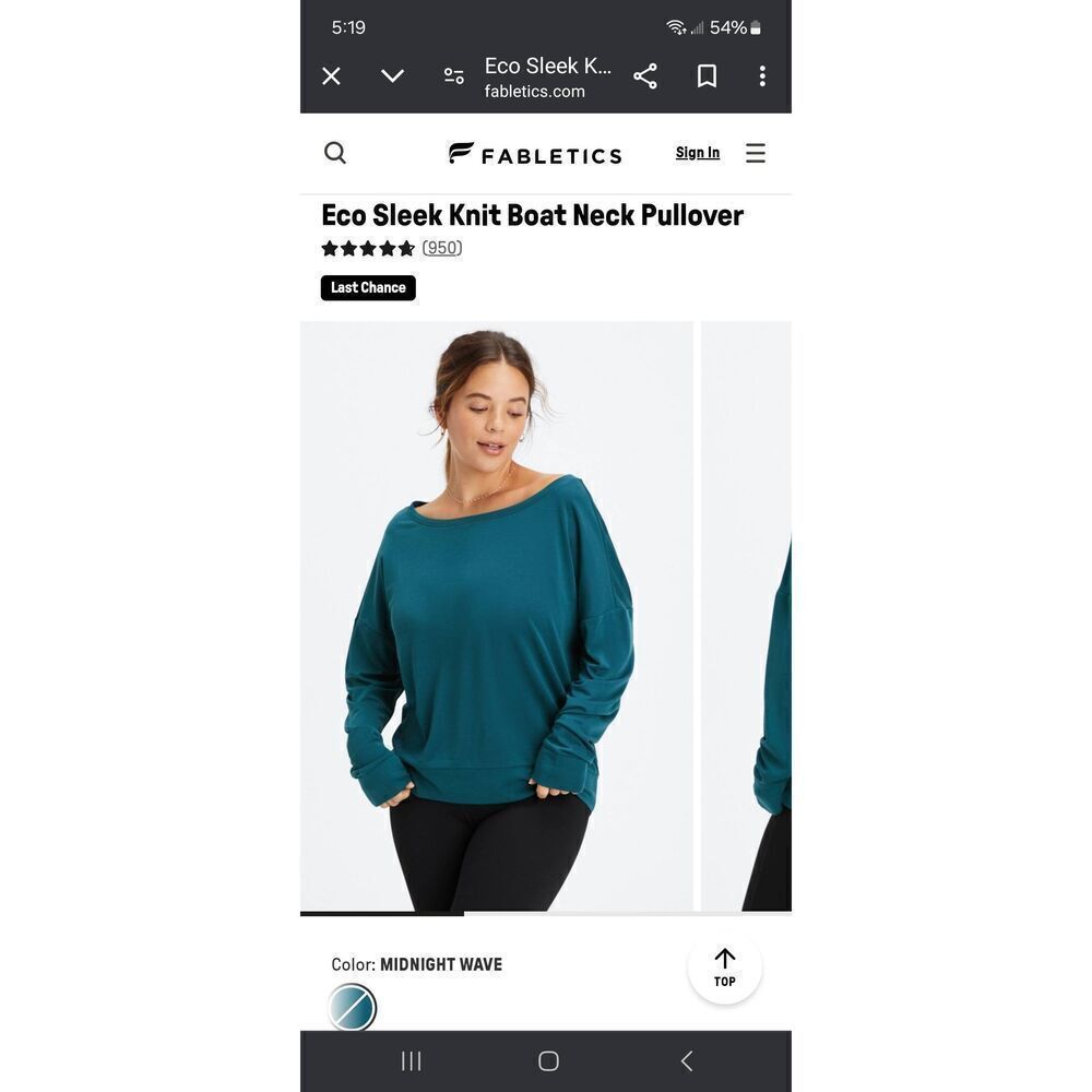 New Small Fabletic Midnight Wave Sleek Knit Boat Neck Pullover Shirt Long Sleeve